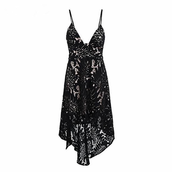 Black Crochet Palm Hi Low Asymmetrical Dress - Picture 2 of 5